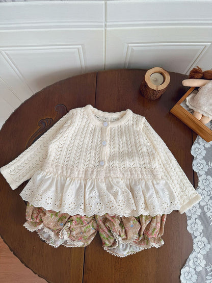 カーディガン・パーカー Lace Trimmed Cutout Knitted Cardigan レース切替 透かし編み ニット カーディガン【mh0012156】