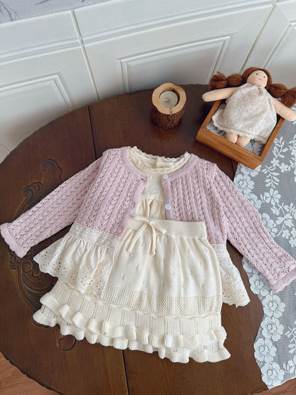 カーディガン・パーカー Lace Trimmed Cutout Knitted Cardigan レース切替 透かし編み ニット カーディガン【mh0012156】