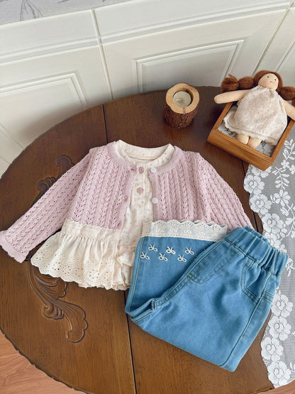 カーディガン・パーカー Lace Trimmed Cutout Knitted Cardigan レース切替 透かし編み ニット カーディガン【mh0012156】