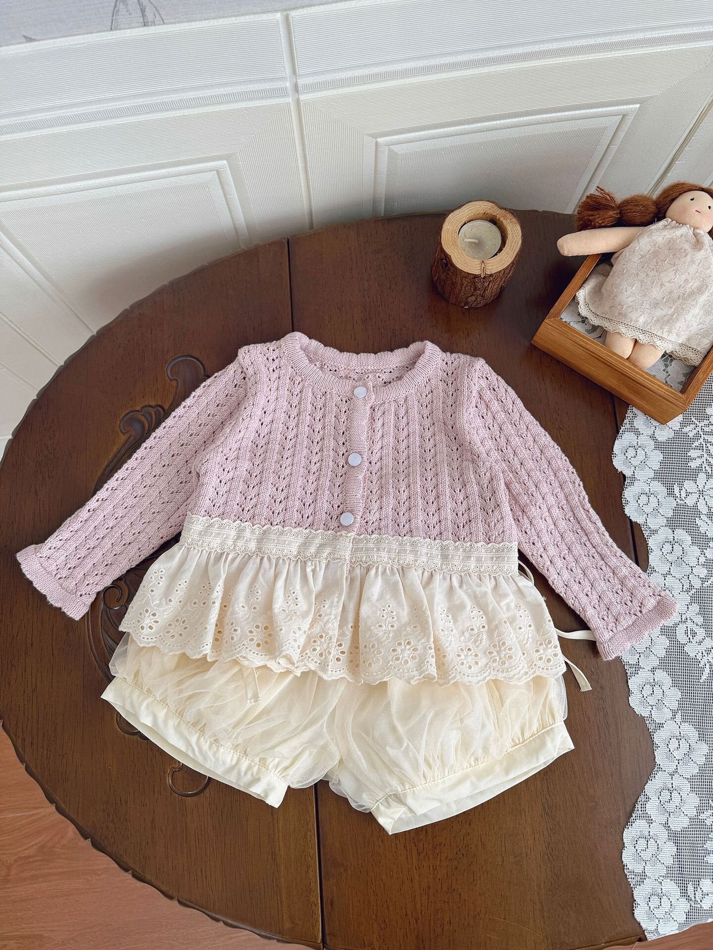 カーディガン・パーカー Lace Trimmed Cutout Knitted Cardigan レース切替 透かし編み ニット カーディガン【mh0012156】