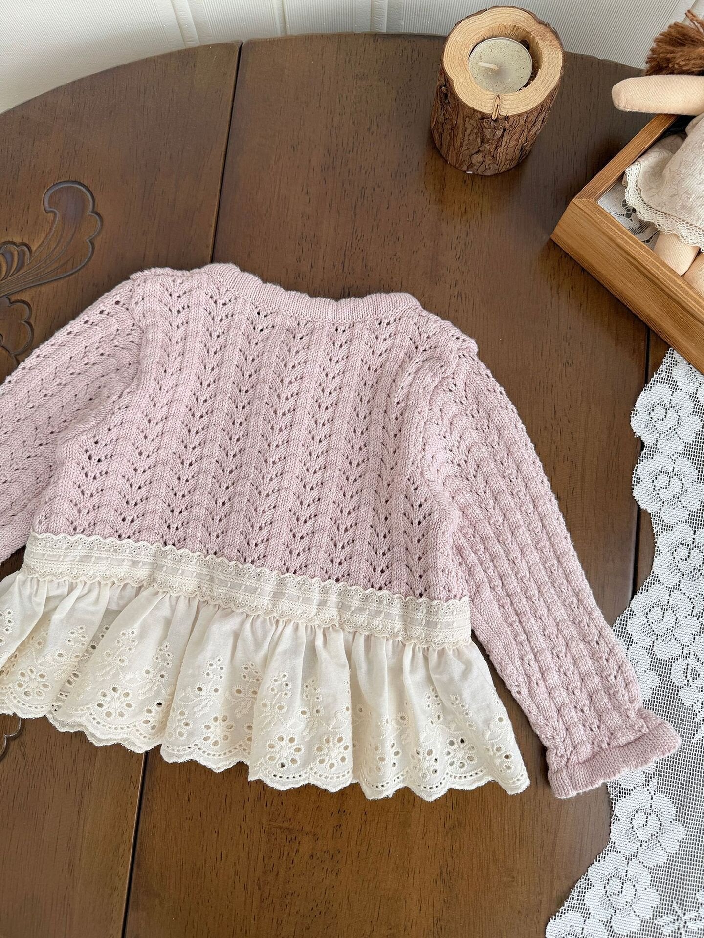 カーディガン・パーカー Lace Trimmed Cutout Knitted Cardigan レース切替 透かし編み ニット カーディガン【mh0012156】