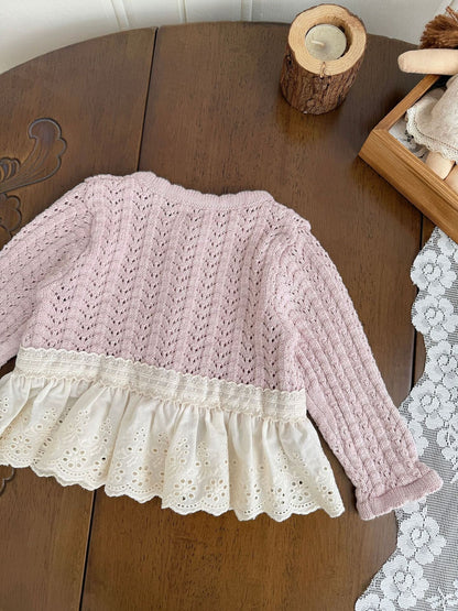 カーディガン・パーカー Lace Trimmed Cutout Knitted Cardigan レース切替 透かし編み ニット カーディガン【mh0012156】
