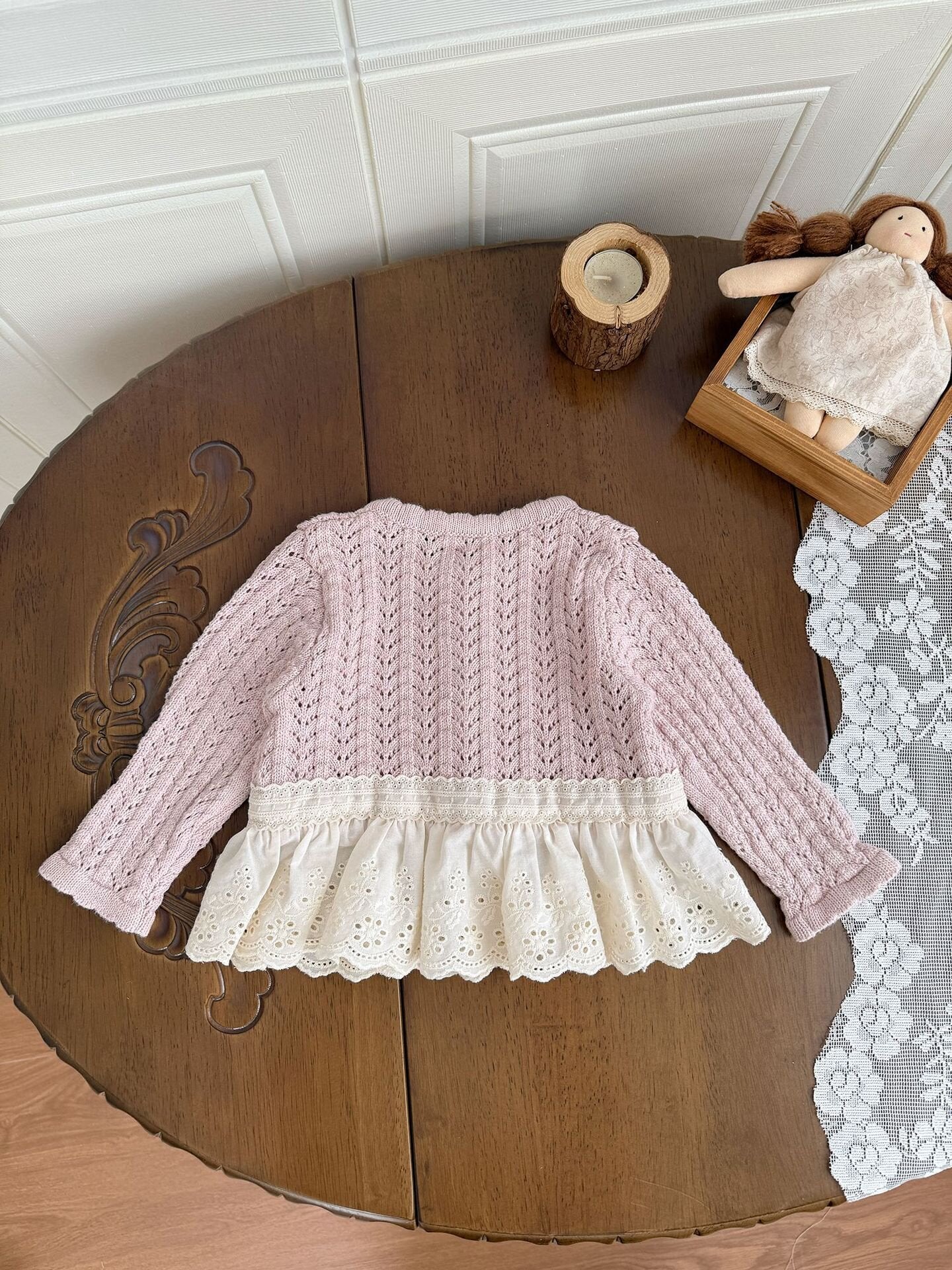 カーディガン・パーカー Lace Trimmed Cutout Knitted Cardigan レース切替 透かし編み ニット カーディガン【mh0012156】
