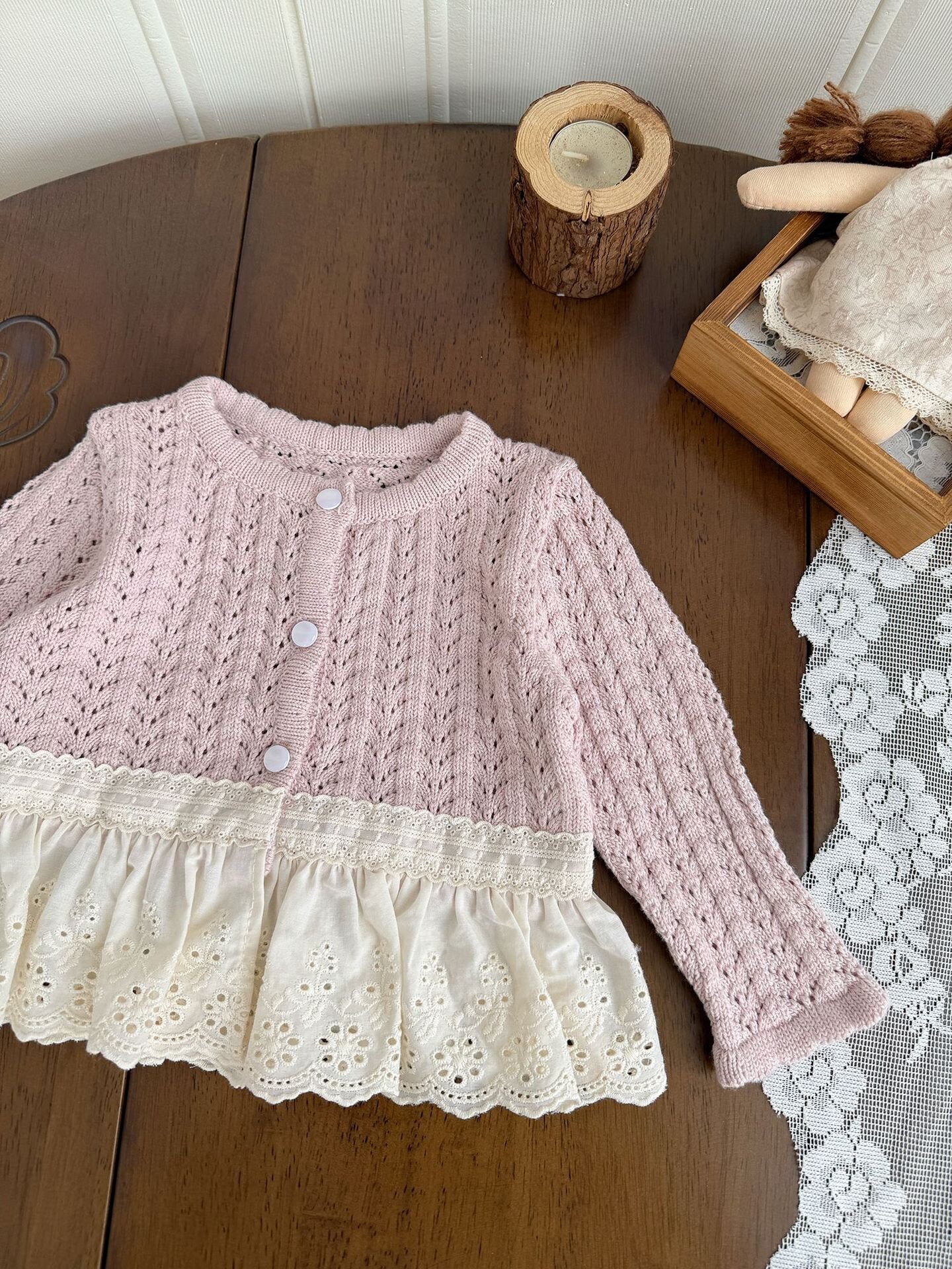 カーディガン・パーカー Lace Trimmed Cutout Knitted Cardigan レース切替 透かし編み ニット カーディガン【mh0012156】