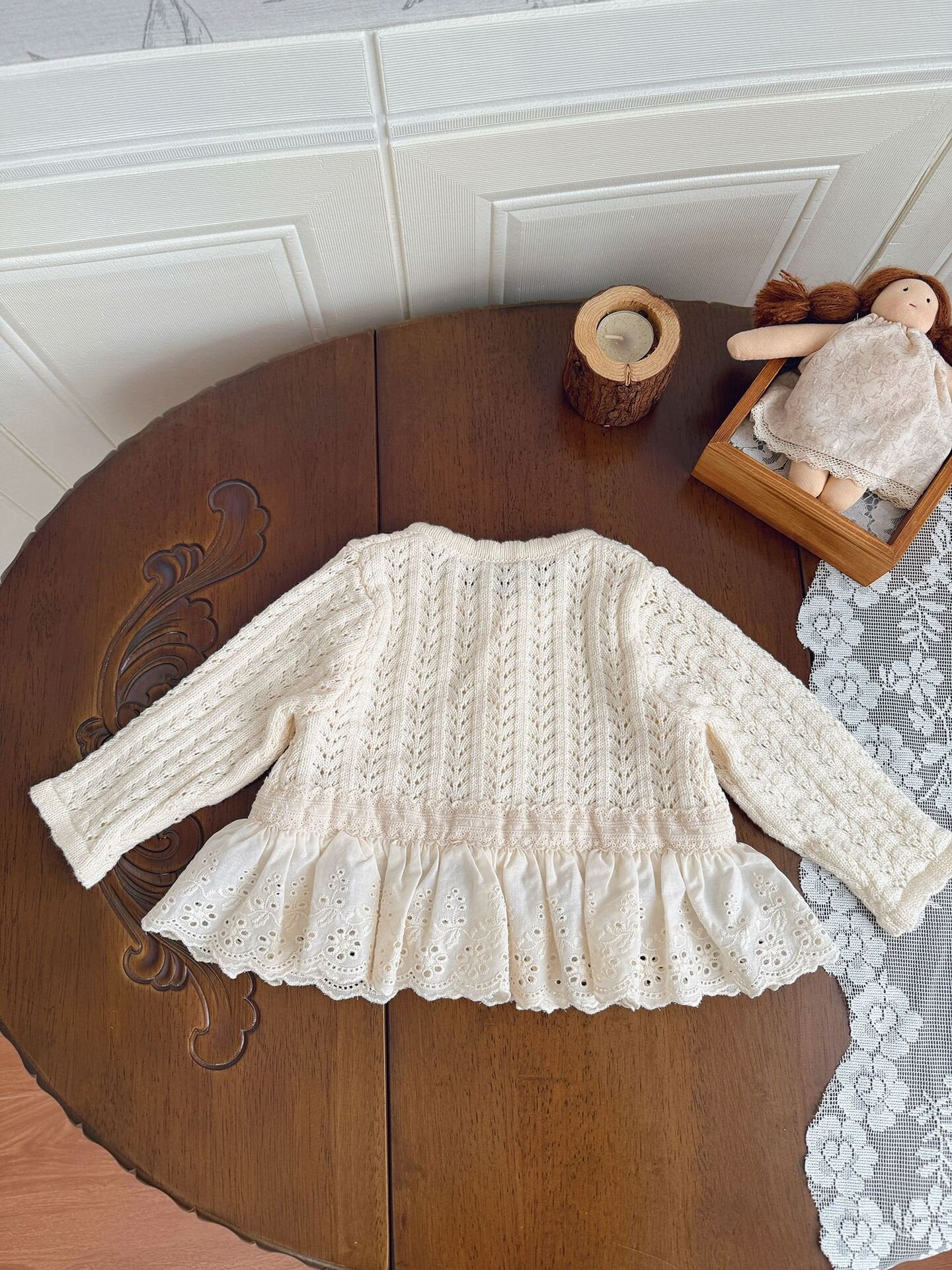 カーディガン・パーカー Lace Trimmed Cutout Knitted Cardigan レース切替 透かし編み ニット カーディガン【mh0012156】