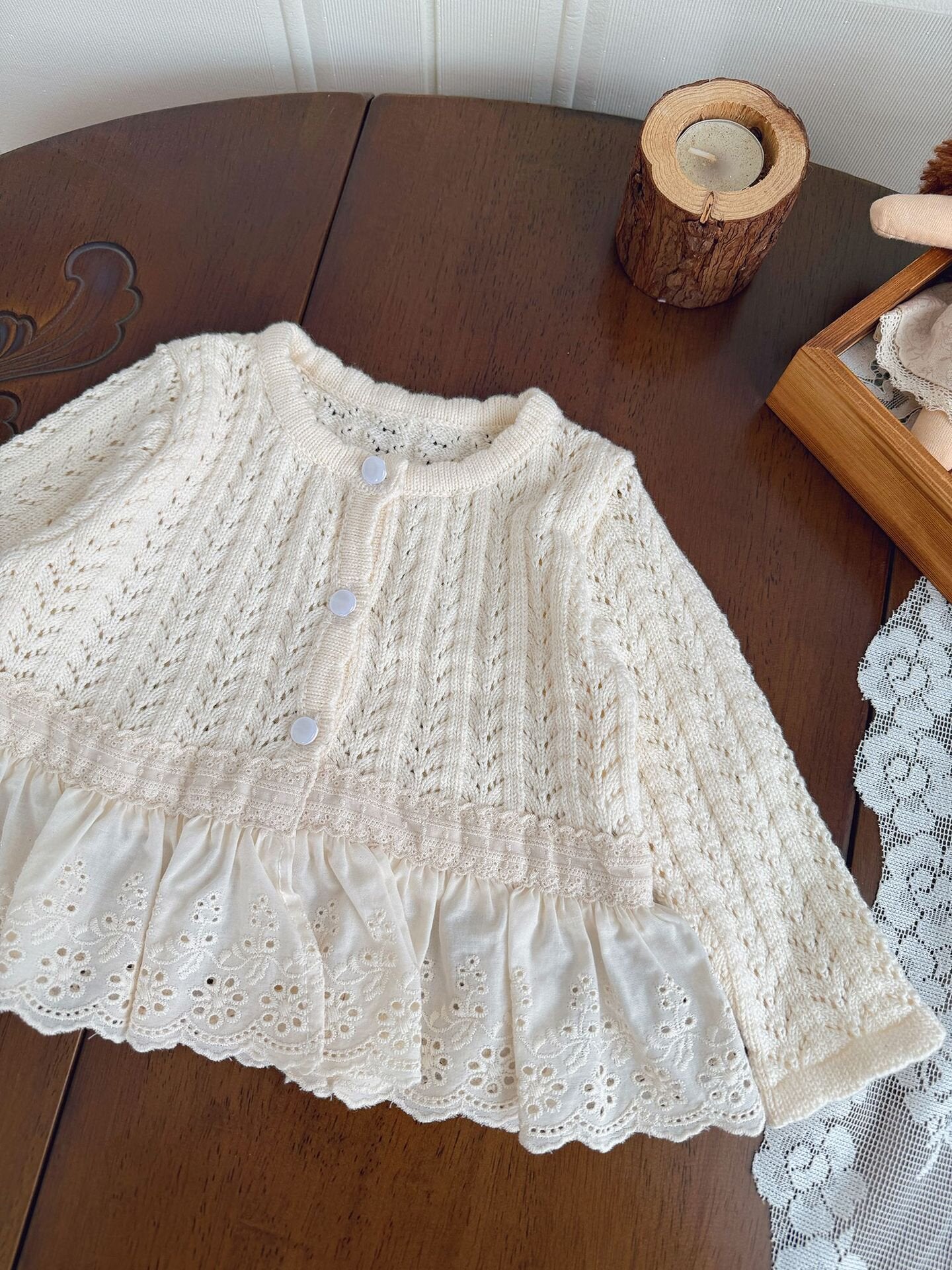 カーディガン・パーカー Lace Trimmed Cutout Knitted Cardigan レース切替 透かし編み ニット カーディガン【mh0012156】