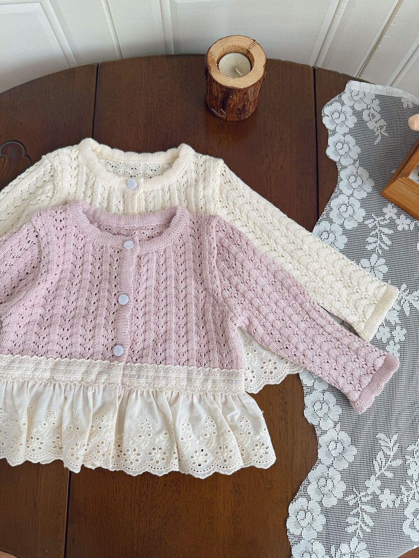 カーディガン・パーカー Lace Trimmed Cutout Knitted Cardigan レース切替 透かし編み ニット カーディガン【mh0012156】