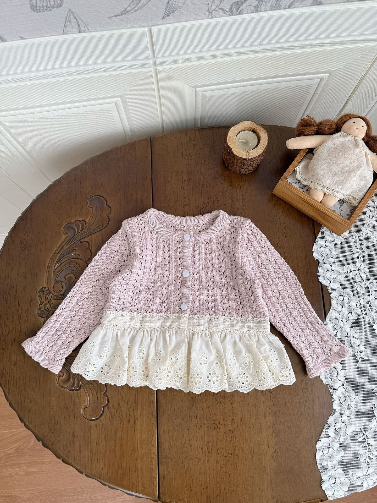 カーディガン・パーカー Lace Trimmed Cutout Knitted Cardigan レース切替 透かし編み ニット カーディガン【mh0012156】
