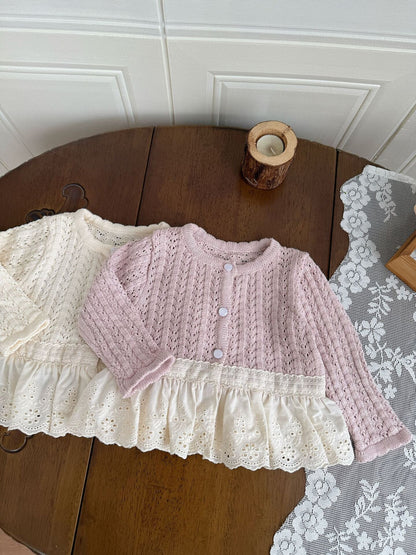 カーディガン・パーカー Lace Trimmed Cutout Knitted Cardigan レース切替 透かし編み ニット カーディガン【mh0012156】