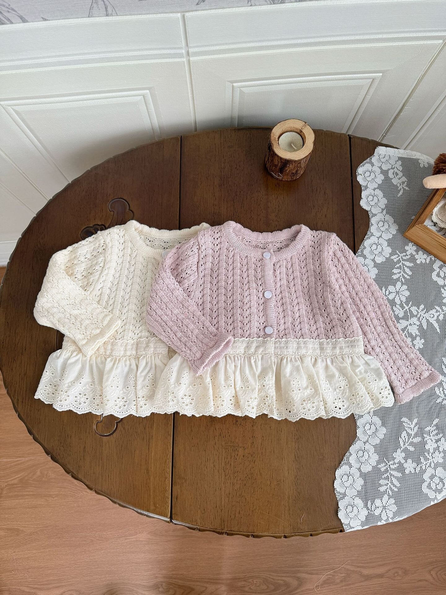 カーディガン・パーカー Lace Trimmed Cutout Knitted Cardigan レース切替 透かし編み ニット カーディガン【mh0012156】