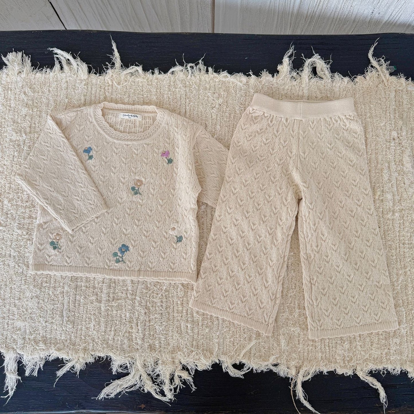 長袖セットアップ Light Apricot / 80cm フラワー刺繍ニットプルオーバー+ワイドパンツ 2点セット【mh0011161】