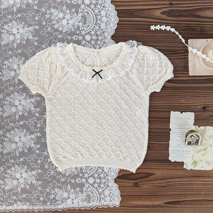 半袖シャツ・ブラウス Light beige / 73cm レース襟リボン半袖ニットTシャツブラウス【mh0010428】