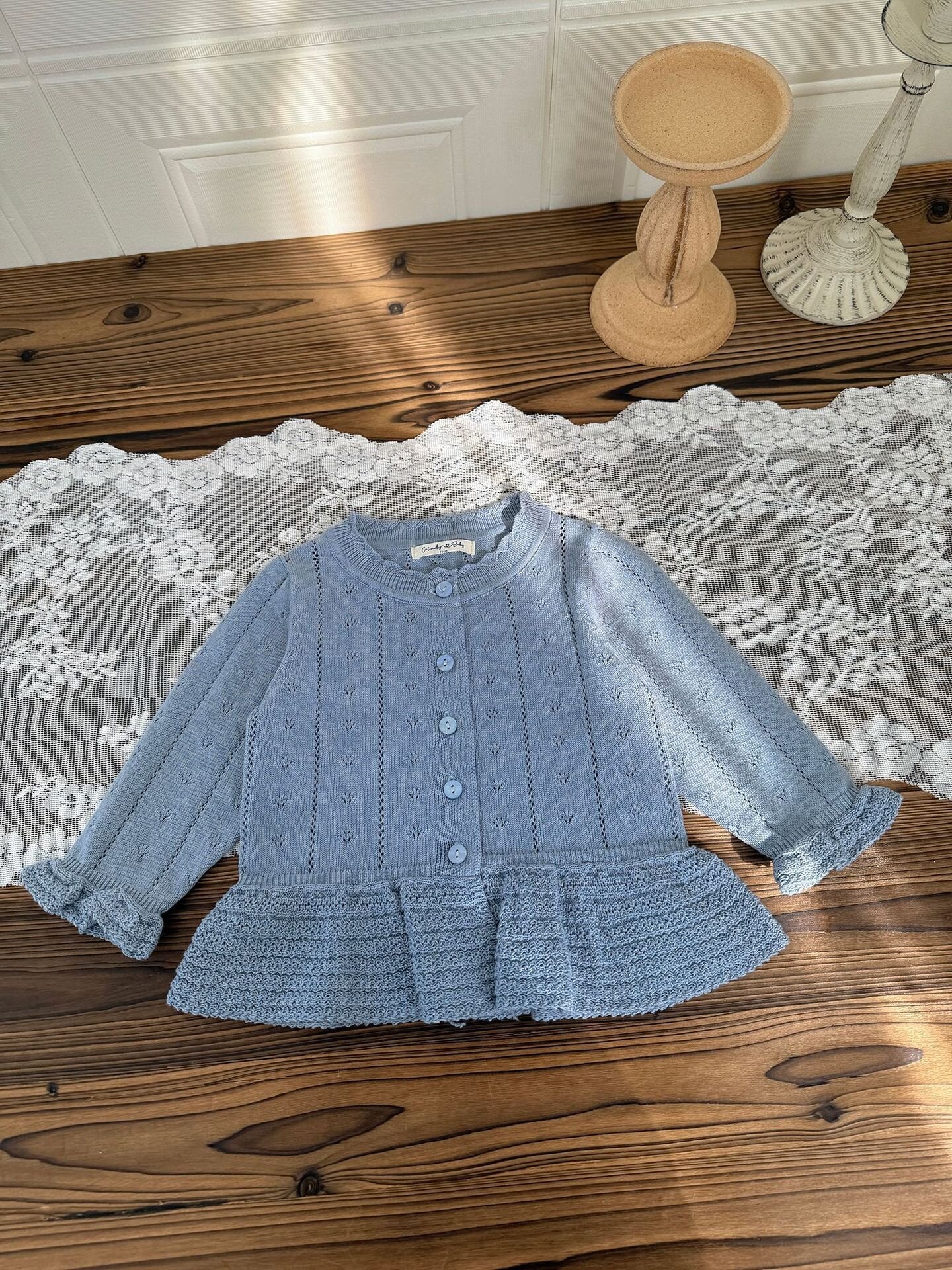カーディガン・パーカー Light Blue / 73cm Jacquard Ruffled Knitted Cardigan ジャガードフリルニットカーディガン【mh0012110】