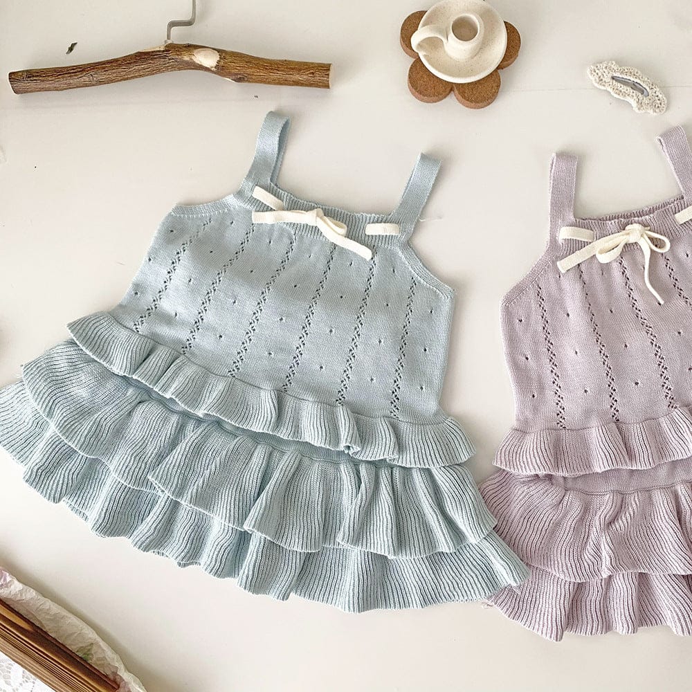ノースリーブセットアップ Light Blue / 73cm 裾フリルリボンサマーニットキャミソールセットアップ【mh0010452】