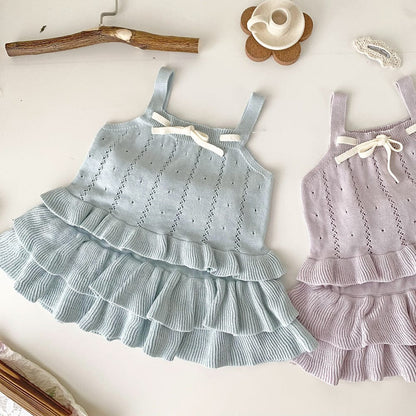 ノースリーブセットアップ Light Blue / 73cm 裾フリルリボンサマーニットキャミソールセットアップ【mh0010452】