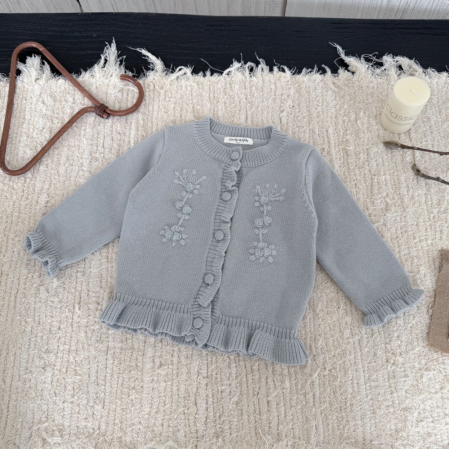 カーディガン・パーカー Light Blue / 73cm フラワー刺繍フリルニットカーディガン【mh0011147】