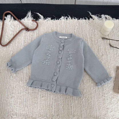 カーディガン・パーカー Light Blue / 73cm フラワー刺繍フリルニットカーディガン【mh0011147】