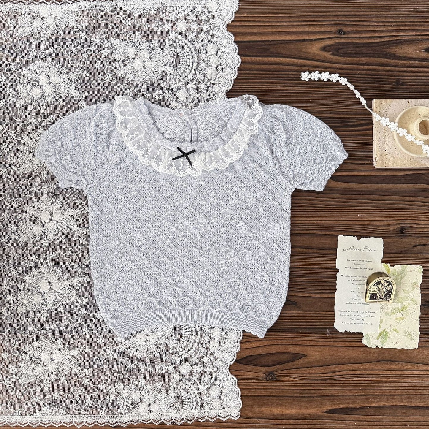 半袖シャツ・ブラウス Light blue / 73cm レース襟リボン半袖ニットTシャツブラウス【mh0010428】