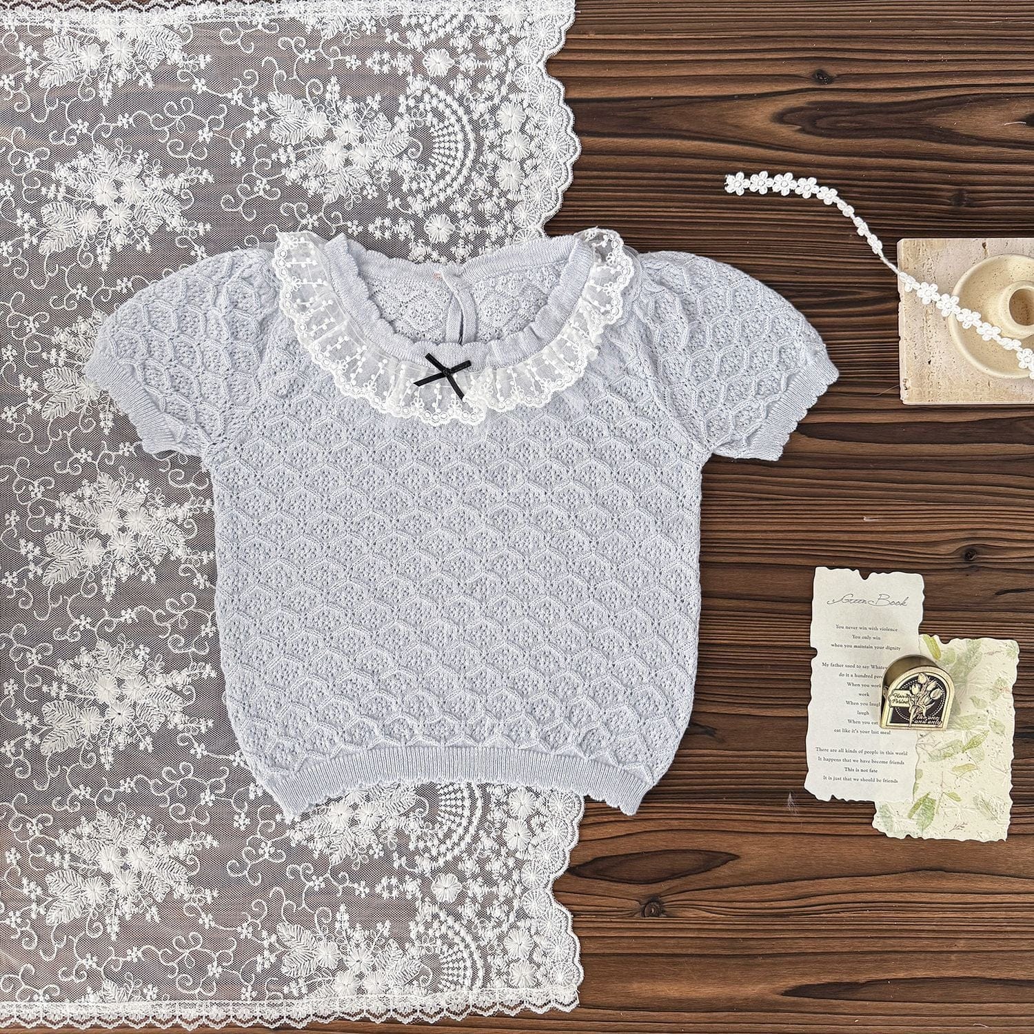 半袖シャツ・ブラウス Light blue / 73cm レース襟リボン半袖ニットTシャツブラウス【mh0010428】