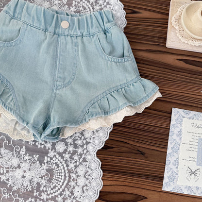 ハーフパンツ・ショートパンツ Light Blue / 80cm レースフリルデニムショートパンツ【mh0009787】