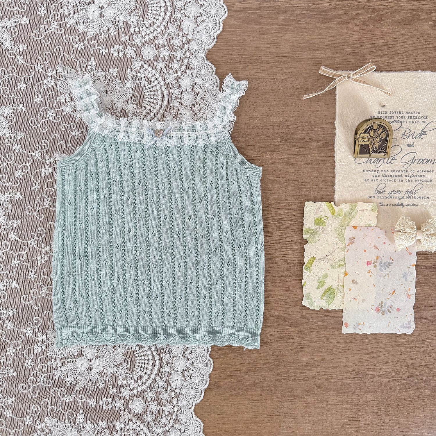 タンクトップ・キャミソール・ノースリーブトップス Light blue sling / 73cm レースフリルニットキャミソール/ノースリーブトップス【mh0009567】