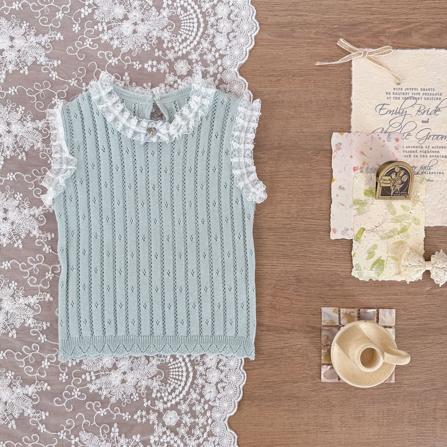 タンクトップ・キャミソール・ノースリーブトップス Light blue vest / 73cm レースフリルニットキャミソール/ノースリーブトップス【mh0009567】