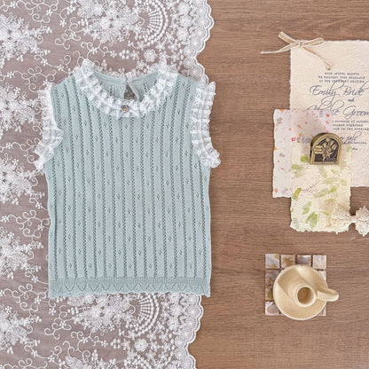 タンクトップ・キャミソール・ノースリーブトップス Light blue vest / 73cm レースフリルニットキャミソール/ノースリーブトップス【mh0009567】