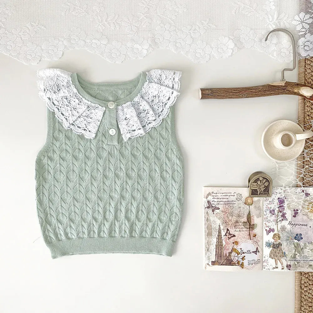 タンクトップ・キャミソール・ノースリーブトップス Light Green / 73cm ベビーキッズトップス レースニット ノースリーブ レース襟 カットソー 2カラー【mh0005302】