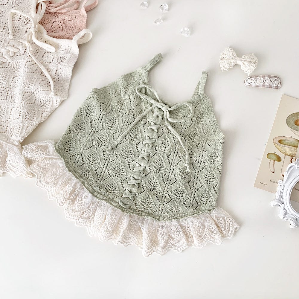 タンクトップ・キャミソール・ノースリーブトップス Light Green / 73cm レースフリルニットキャミソールトップス【mh0009560】
