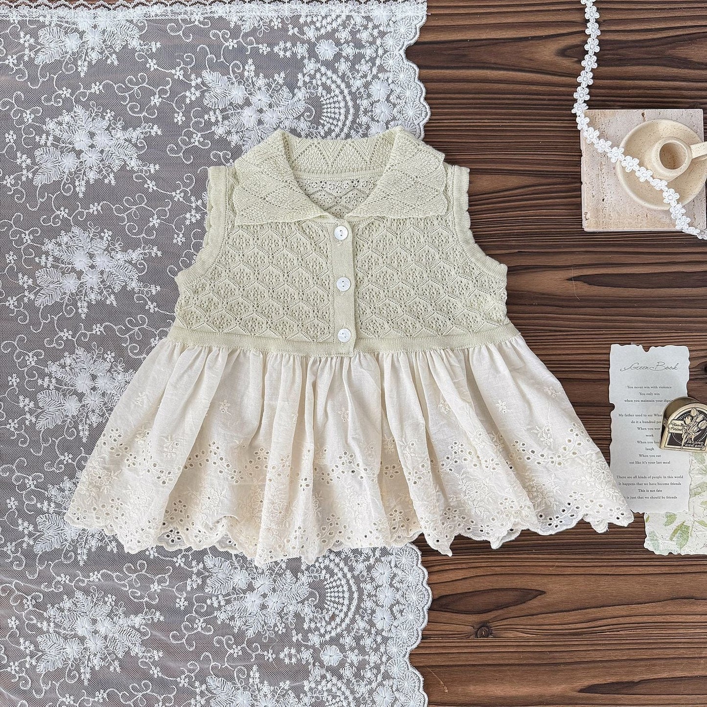 タンクトップ・キャミソール・ノースリーブトップス Light Green / 73cm ペプラムレースノースリーブ襟付きトップス【mh0009572】