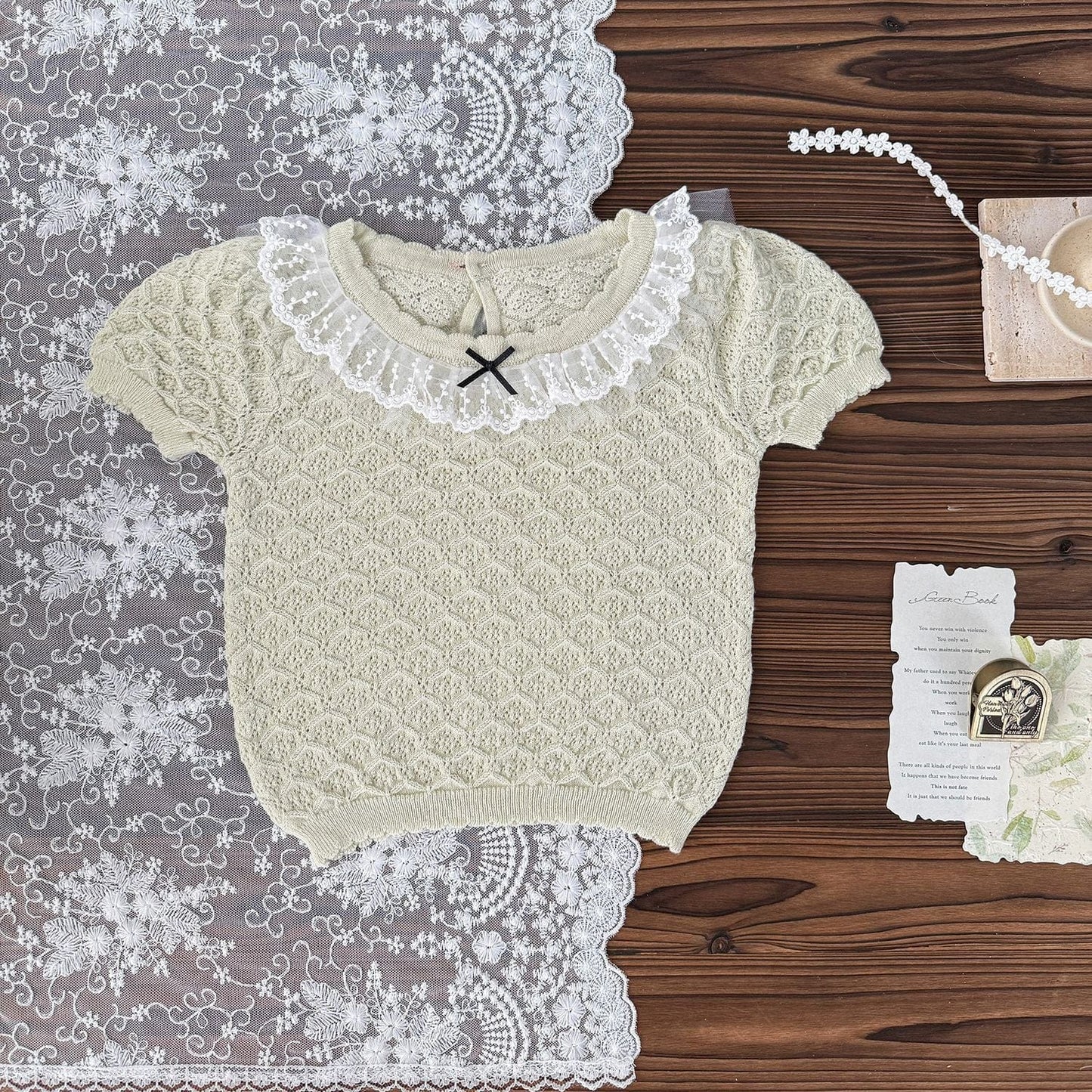 半袖シャツ・ブラウス Light Green / 73cm リボンレース半袖ニットカットソー【mh0009573】