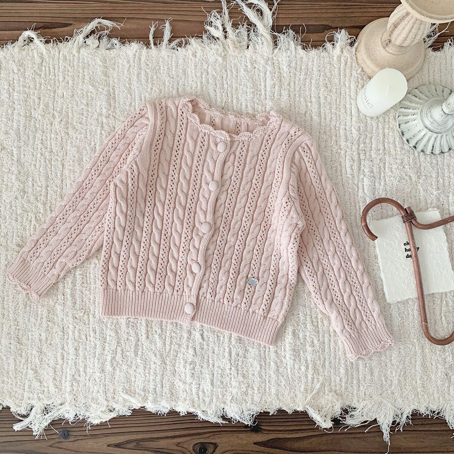 カーディガン・パーカー Light Pink / 73cm Crochet Style Knit Cardigan クロシェ風 透かし編み ニット カーディガン【mh0012160】