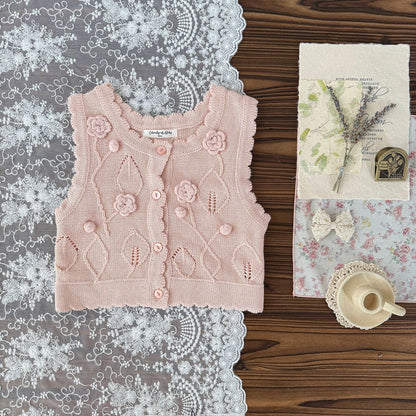 ベスト Light Pink / 73cm ベビーキッズベスト フラワークロシェ刺繍ニット前あきジレベスト【mh0009124】