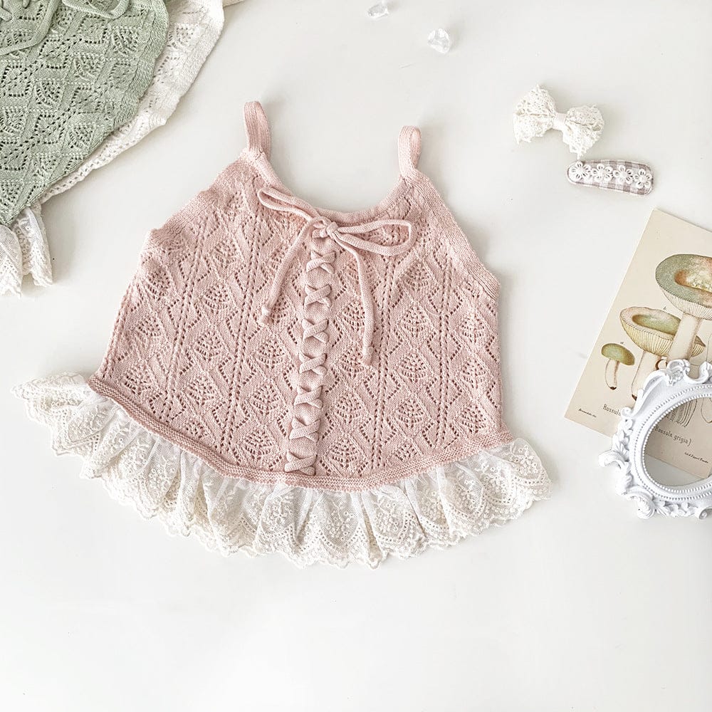 タンクトップ・キャミソール・ノースリーブトップス Light Pink / 73cm レースフリルニットキャミソールトップス【mh0009560】