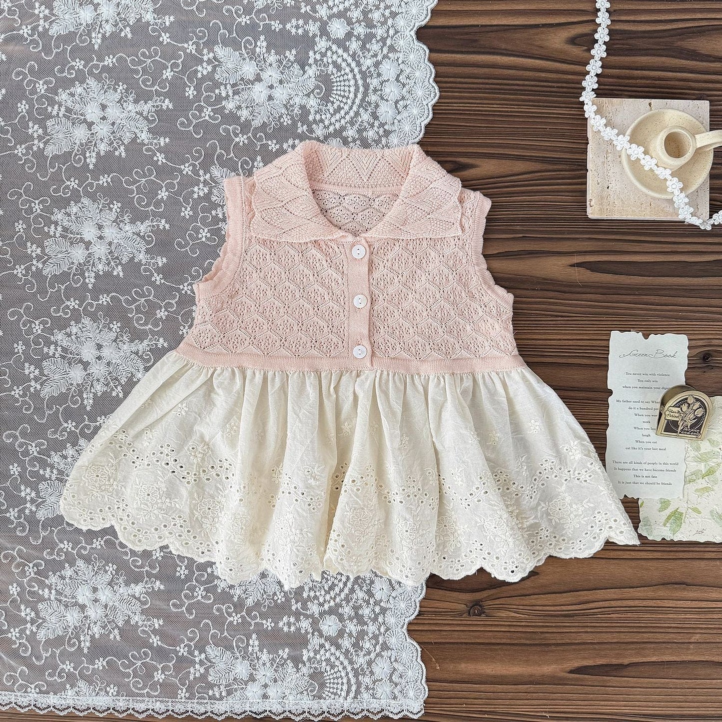 タンクトップ・キャミソール・ノースリーブトップス Light Pink / 73cm ペプラムレースノースリーブ襟付きトップス【mh0009572】