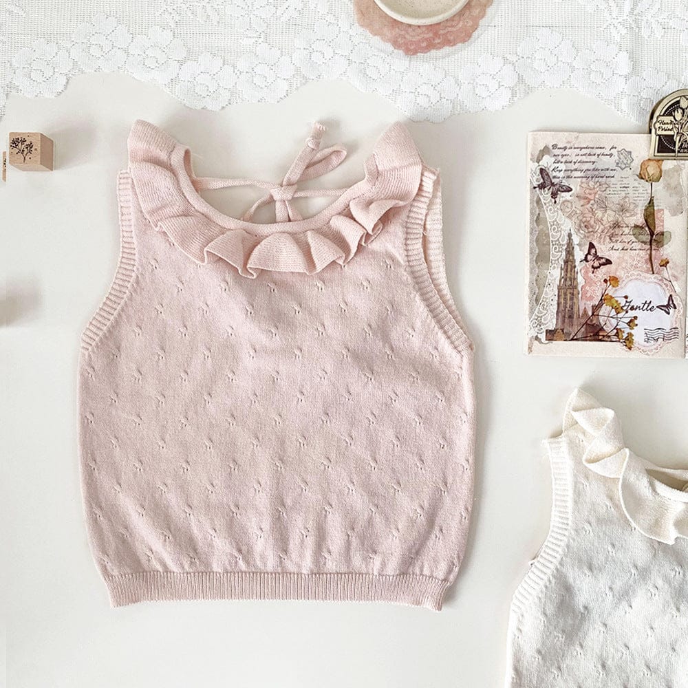タンクトップ・キャミソール・ノースリーブトップス Light pink / 73cm ラッフルフリル襟バックオープンノースリーブニットトップス【mh0009797】
