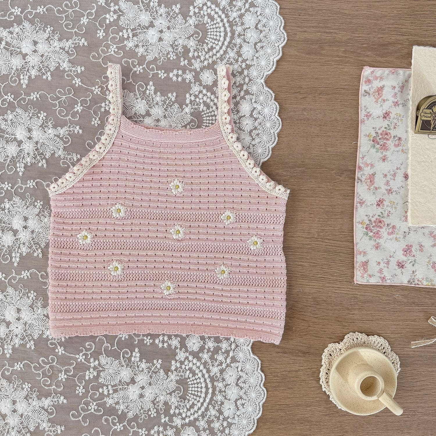 タンクトップ・キャミソール・ノースリーブトップス Light Pink / 73cm フラワー刺繍キャミソールトップス【mh0010423】