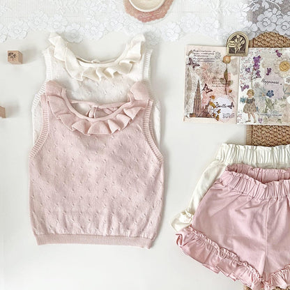 タンクトップ・キャミソール・ノースリーブトップス Light pink【presale】 / 73cm ラッフルフリル襟バックオープンノースリーブニットトップス【mh0009797】