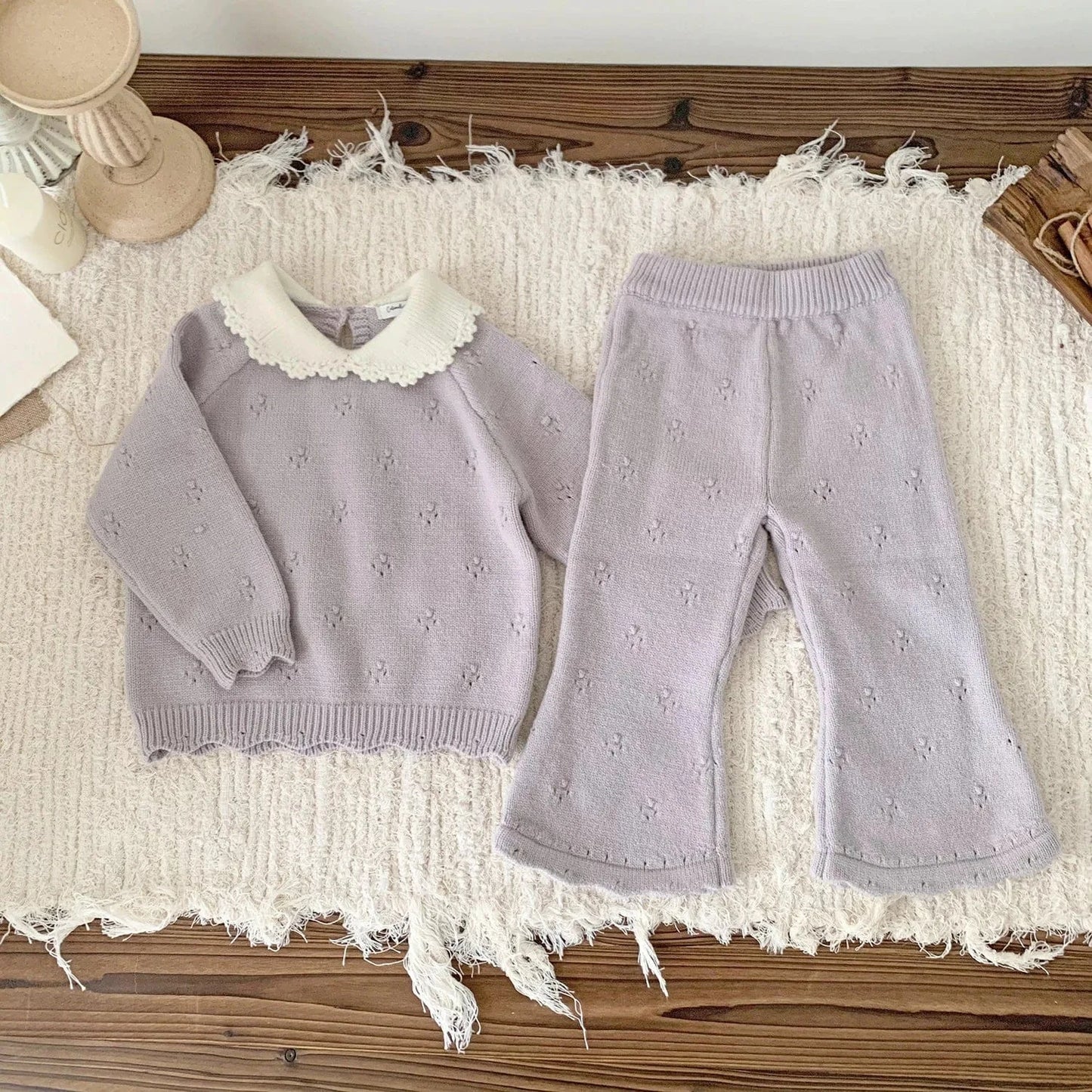 長袖セットアップ Light Purple / 12M (80) キッズセットアップ 2点セット 襟付きニットプルオーバー+フレアニットパンツ【mh0007896】