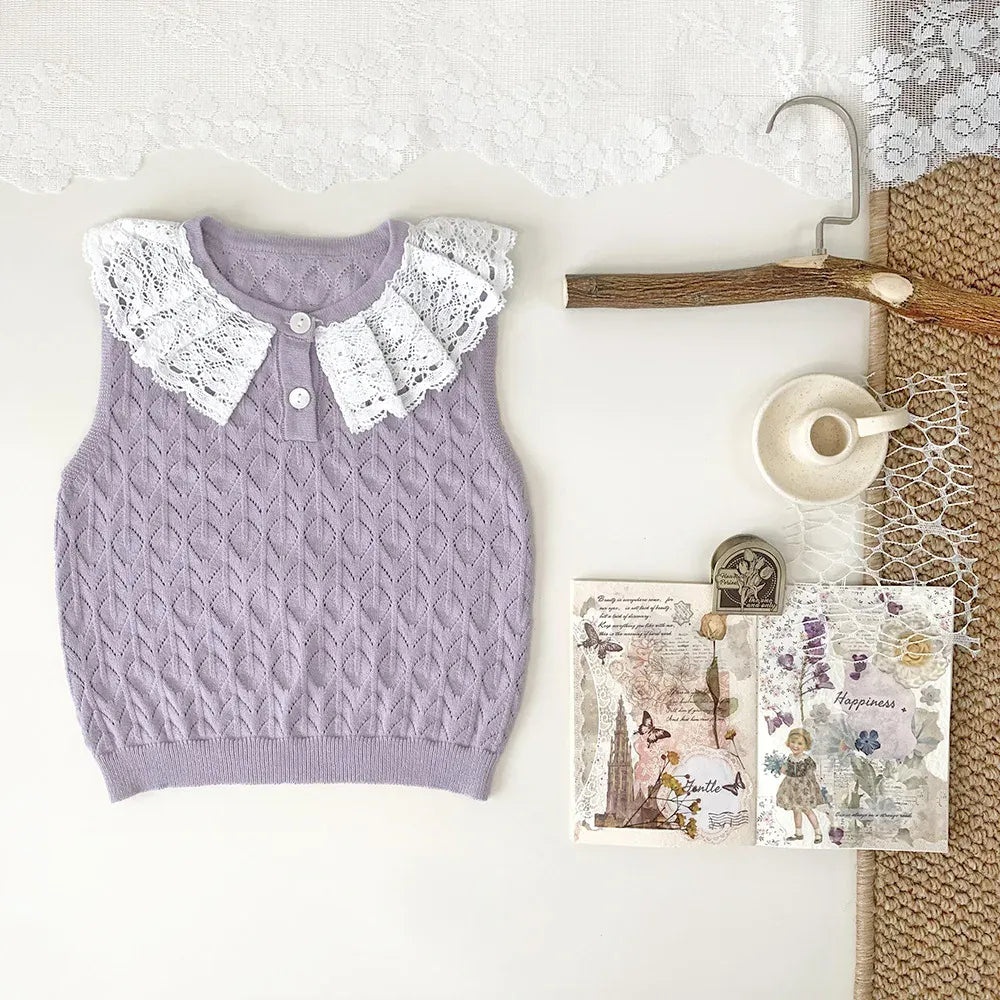 タンクトップ・キャミソール・ノースリーブトップス Light Purple / 73cm ベビーキッズトップス レースニット ノースリーブ レース襟 カットソー 2カラー【mh0005302】