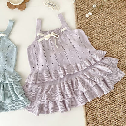 ノースリーブセットアップ Light Purple / 73cm 裾フリルリボンサマーニットキャミソールセットアップ【mh0010452】