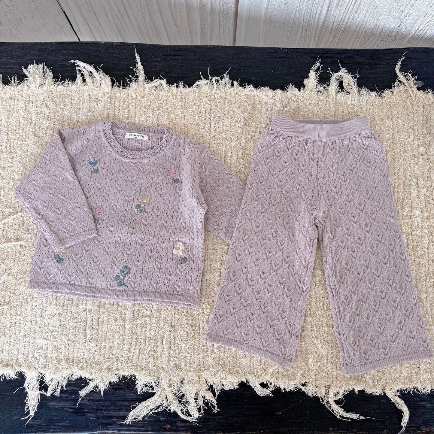 長袖セットアップ Light Purple / 80cm フラワー刺繍ニットプルオーバー+ワイドパンツ 2点セット【mh0011161】