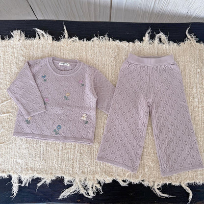 長袖セットアップ Light Purple / 80cm フラワー刺繍ニットプルオーバー+ワイドパンツ 2点セット【mh0011161】