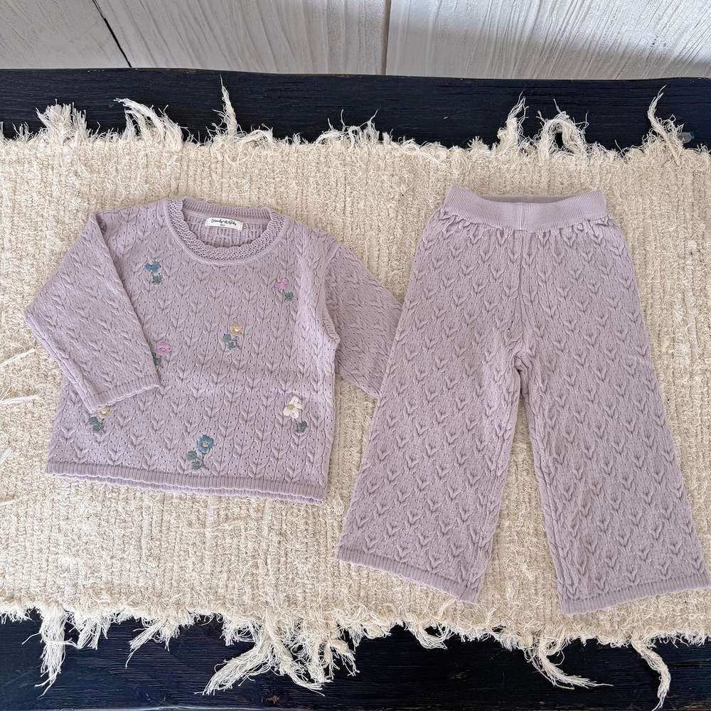 長袖セットアップ Light Purple / 80cm 長袖ニットセットアップ 2点セット フラワー刺繍 透かし編み ワイドパンツ【mh0011510】