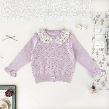 長袖セットアップ Light purple cardigan / 73cm ベビーキッズカーディガン/パンツ レースニット長袖カーディガンジャケット/リボンショートバルーンパンツ【mh0009123】