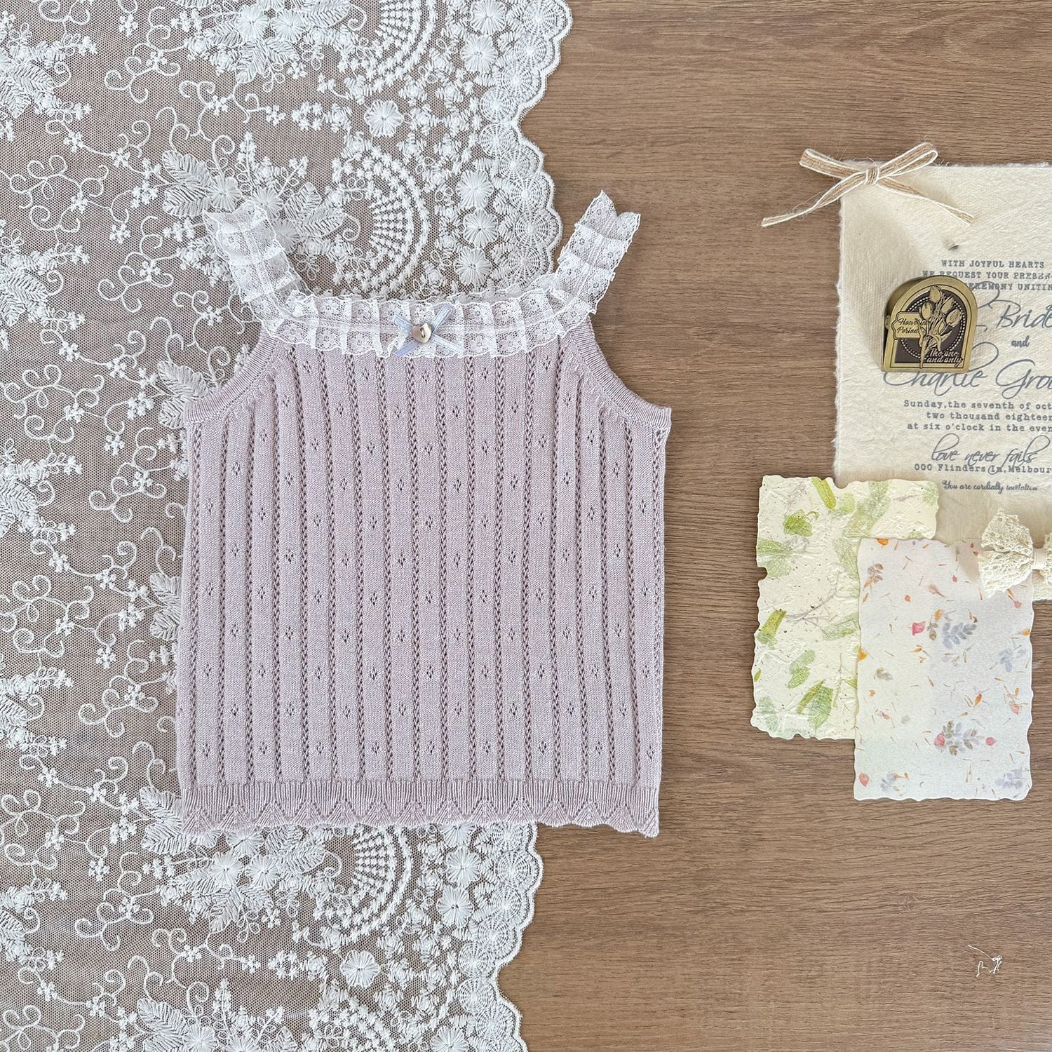 タンクトップ・キャミソール・ノースリーブトップス Light purple sling / 73cm レースフリルニットキャミソール/ノースリーブトップス【mh0009567】