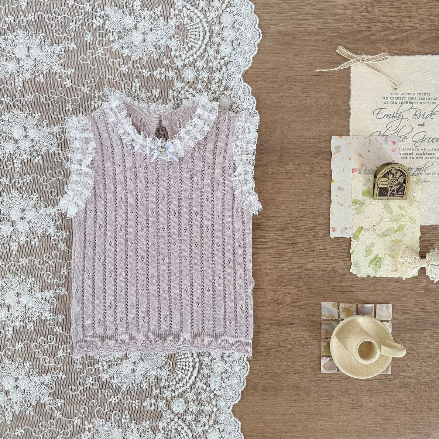 タンクトップ・キャミソール・ノースリーブトップス Light purple vest / 73cm レースフリルニットキャミソール/ノースリーブトップス【mh0009567】