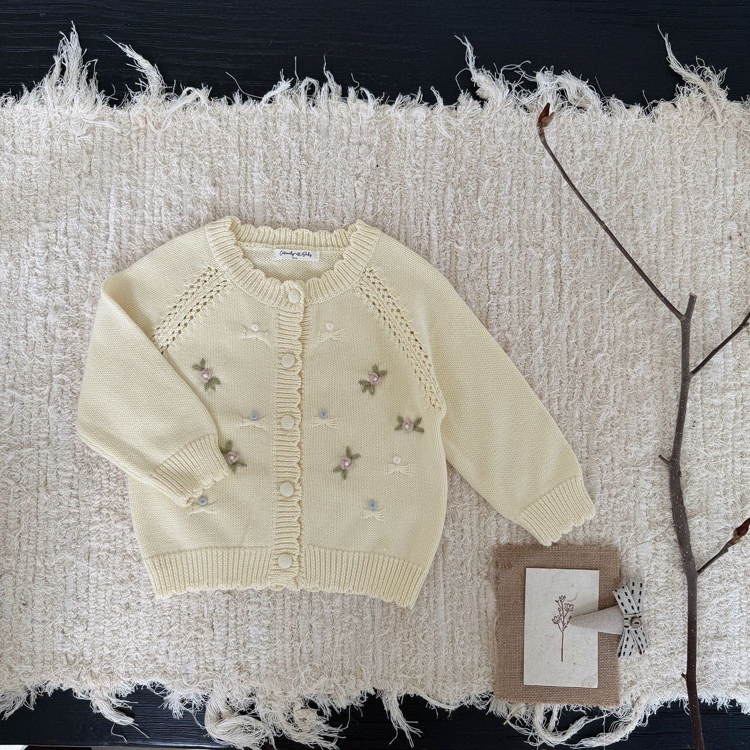 カーディガン・パーカー Light Yellow / 73cm フラワー刺繍ニットカーディガン【mh0011146】