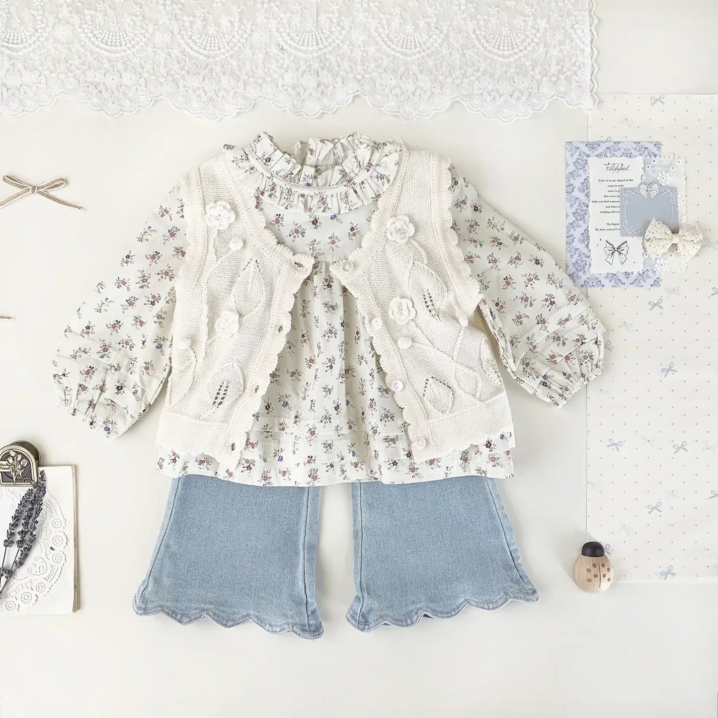 ベスト ベビーキッズベスト フラワー刺繍ニット前あきベスト【mh-0008924】