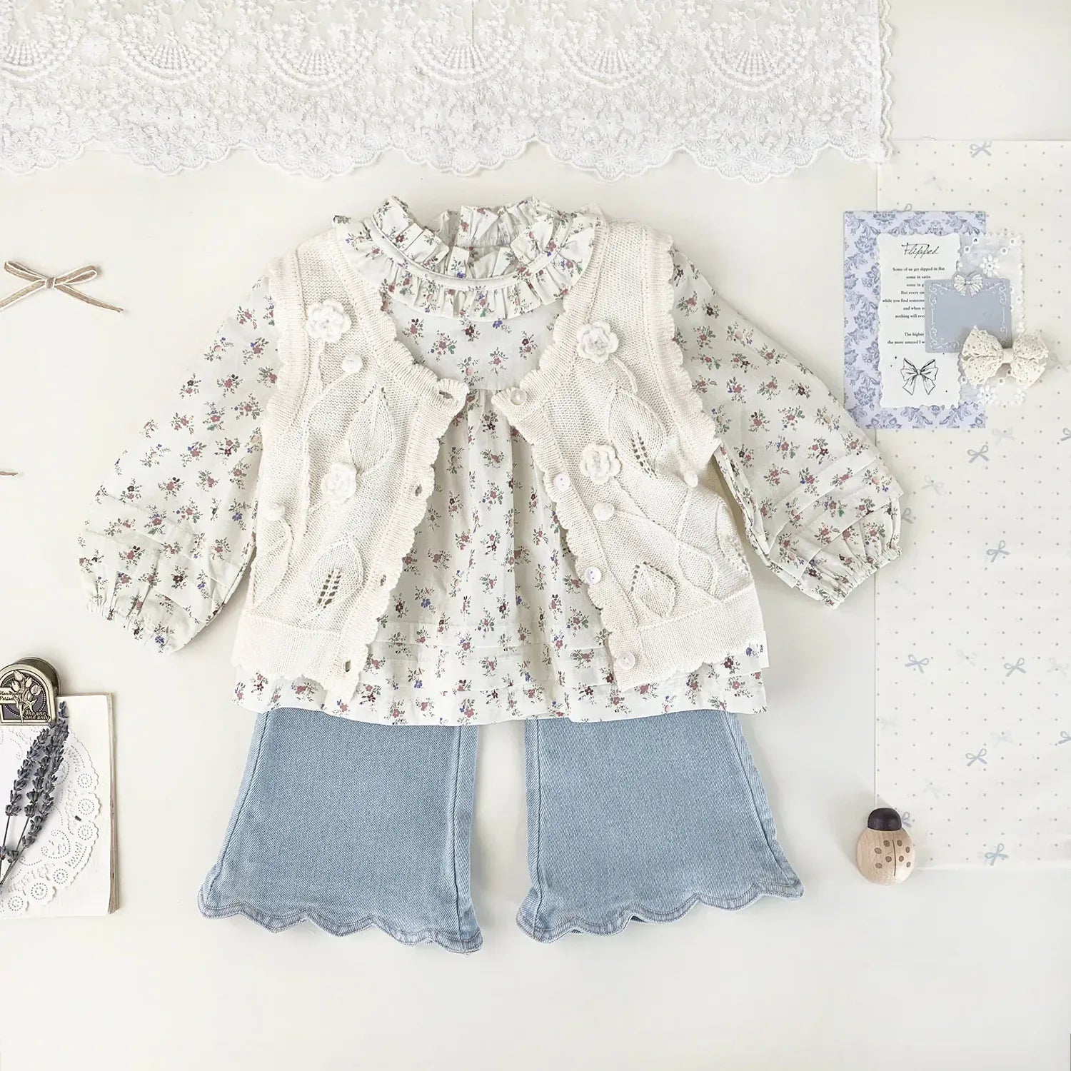 ベスト ベビーキッズベスト フラワー刺繍ニット前あきベスト【mh-0008924】